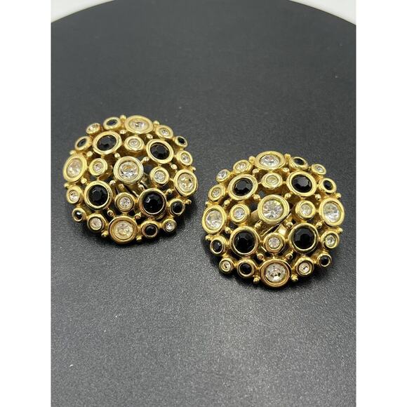 SWAROVSKI Swan Vintage Large Round Black, Clear Crystal Gold Tone Clip Earrings - Picture 13 of 16
